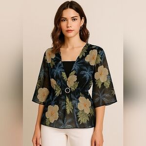 Rima Sheer Tropical Floral Pullover Cover Up Top Black Green L